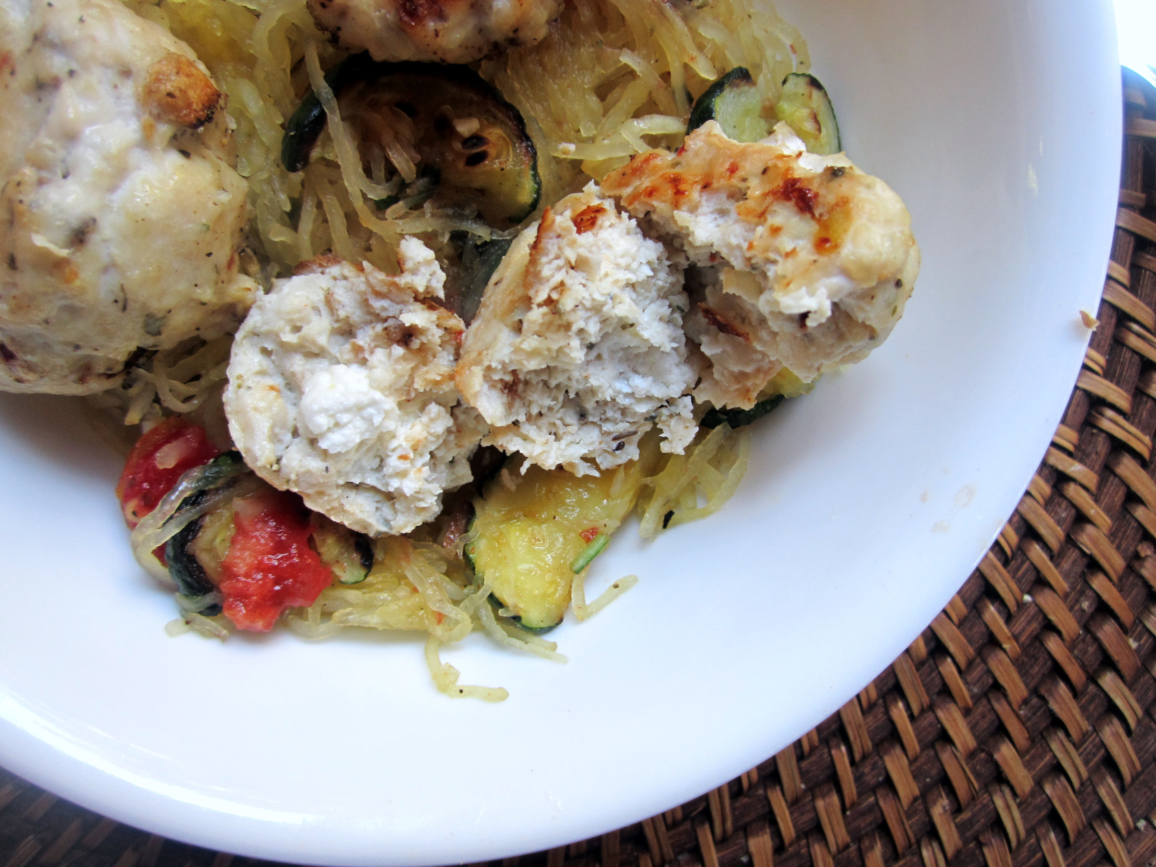 Goat Cheese Stuffed Chicken Meatballs with Spaghetti Squash & Basil