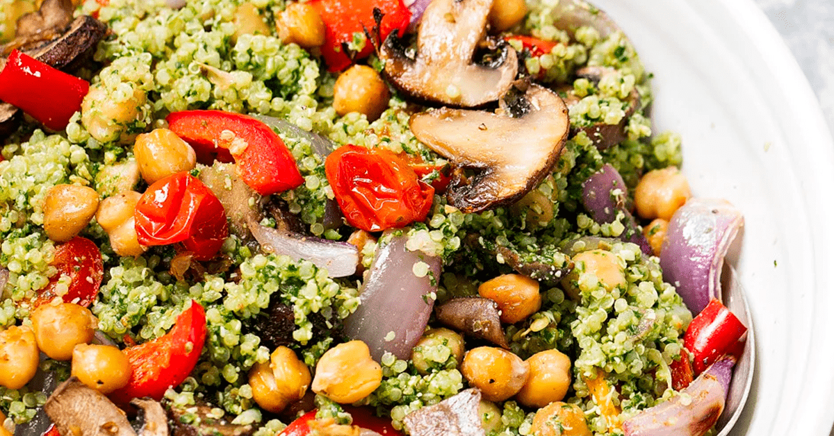 Roasted Veggie, Chickpea & Pesto Quinoa Salad Ambitious Kitchen
