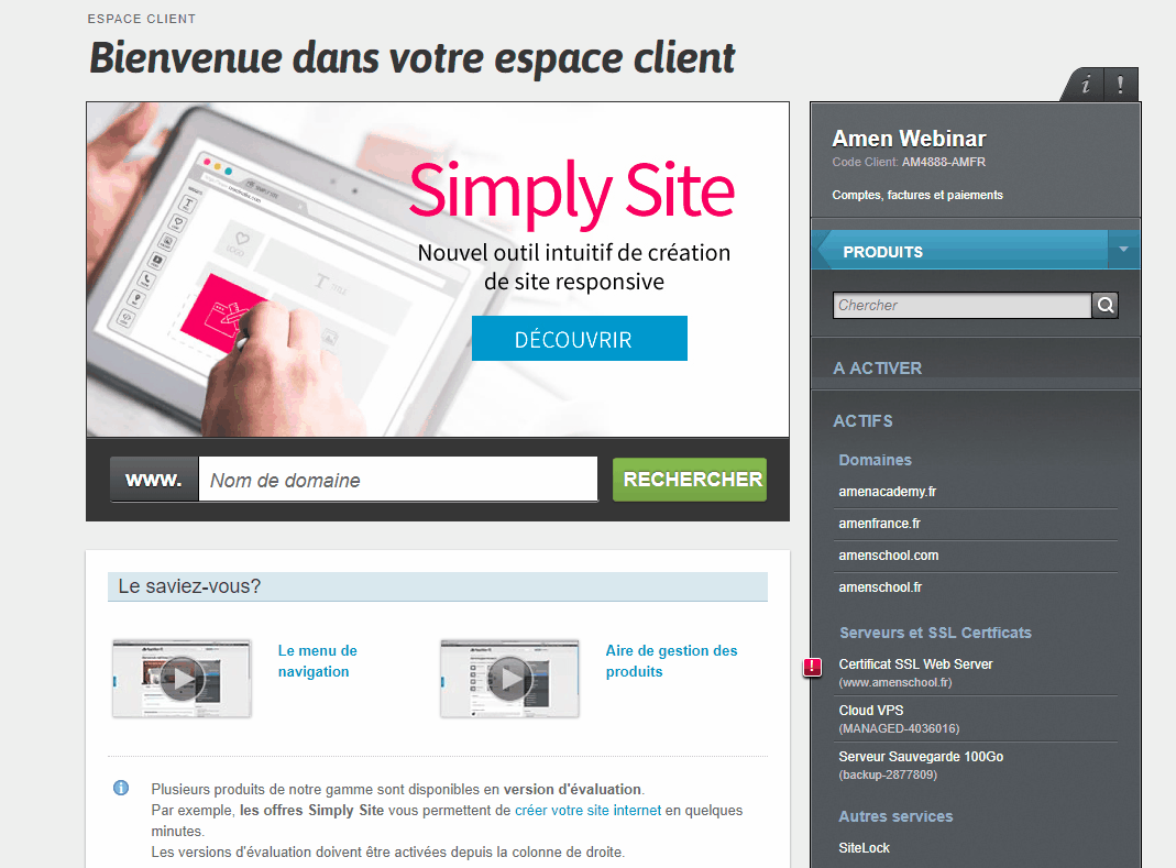 Support hébergement Web pack domaine Amen.fr