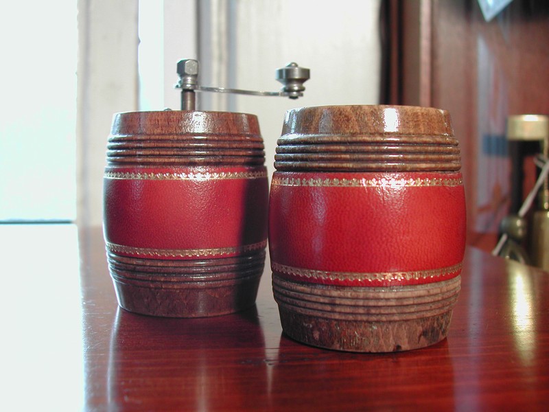 French Wood & Leather Barrel Salt & Pepper Vintage