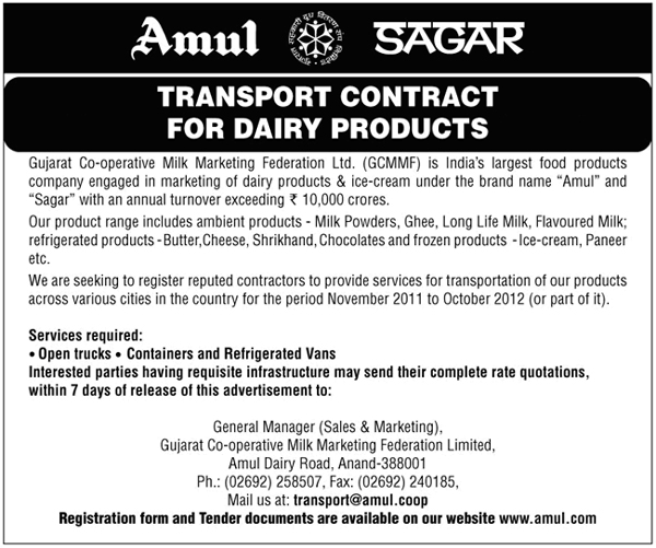 Transport Contract for Dairy products Amul The Taste