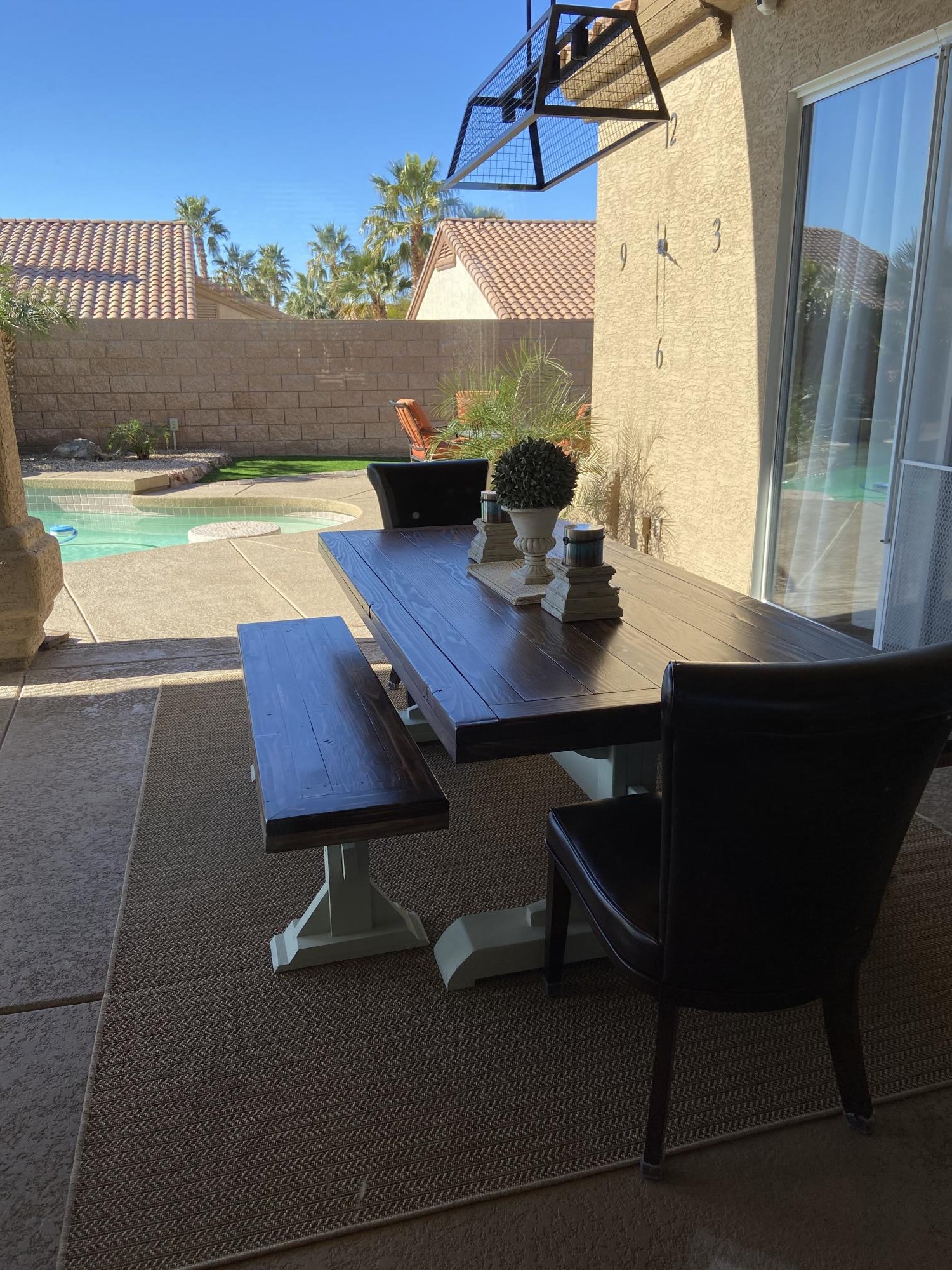 Triple Pedestal Farmhouse Table and Benches Ana White