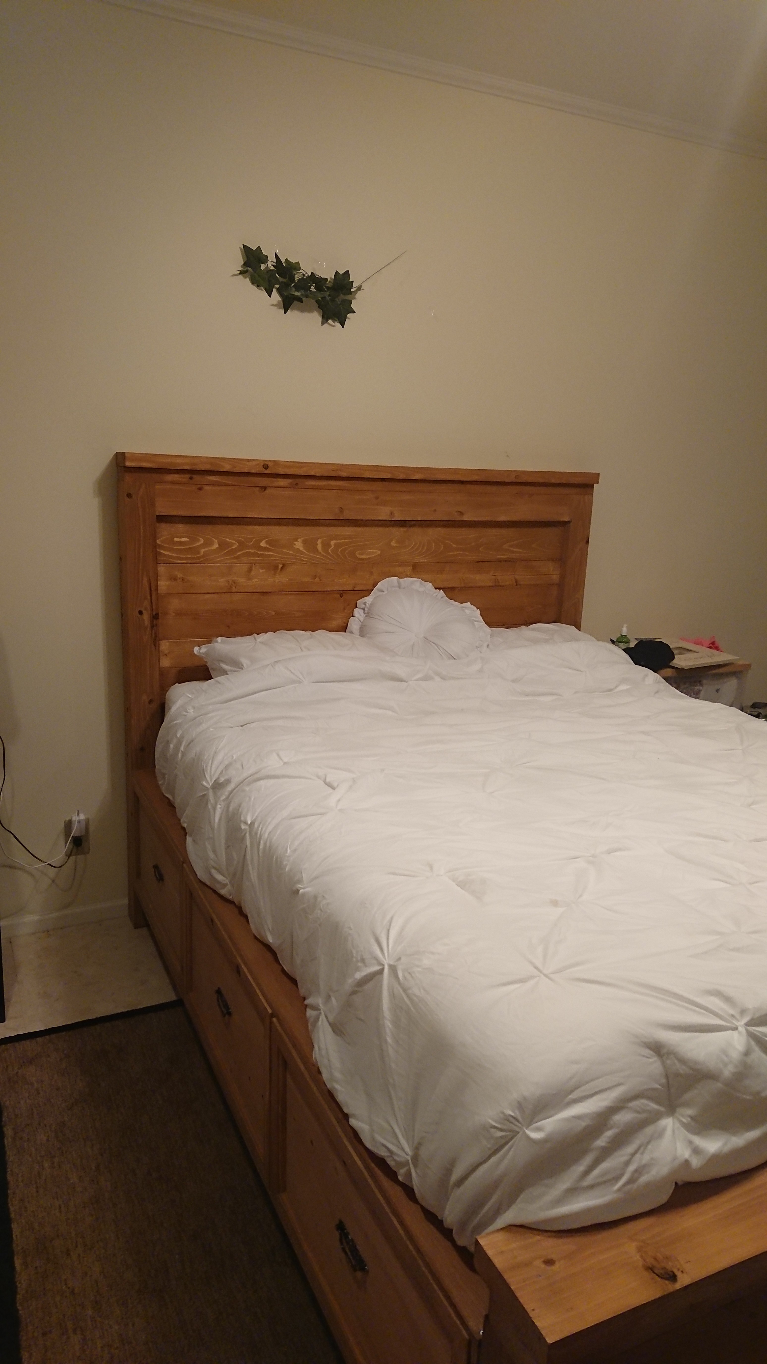 Queen farmhouse bed frame with drawers. Ana White