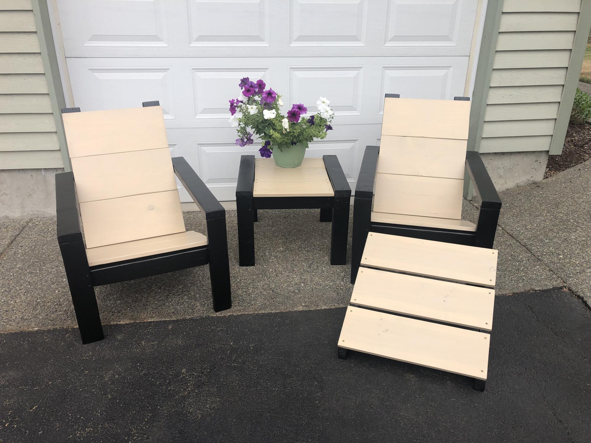Modern Adirondack chairs, foot stool, & table Ana White
