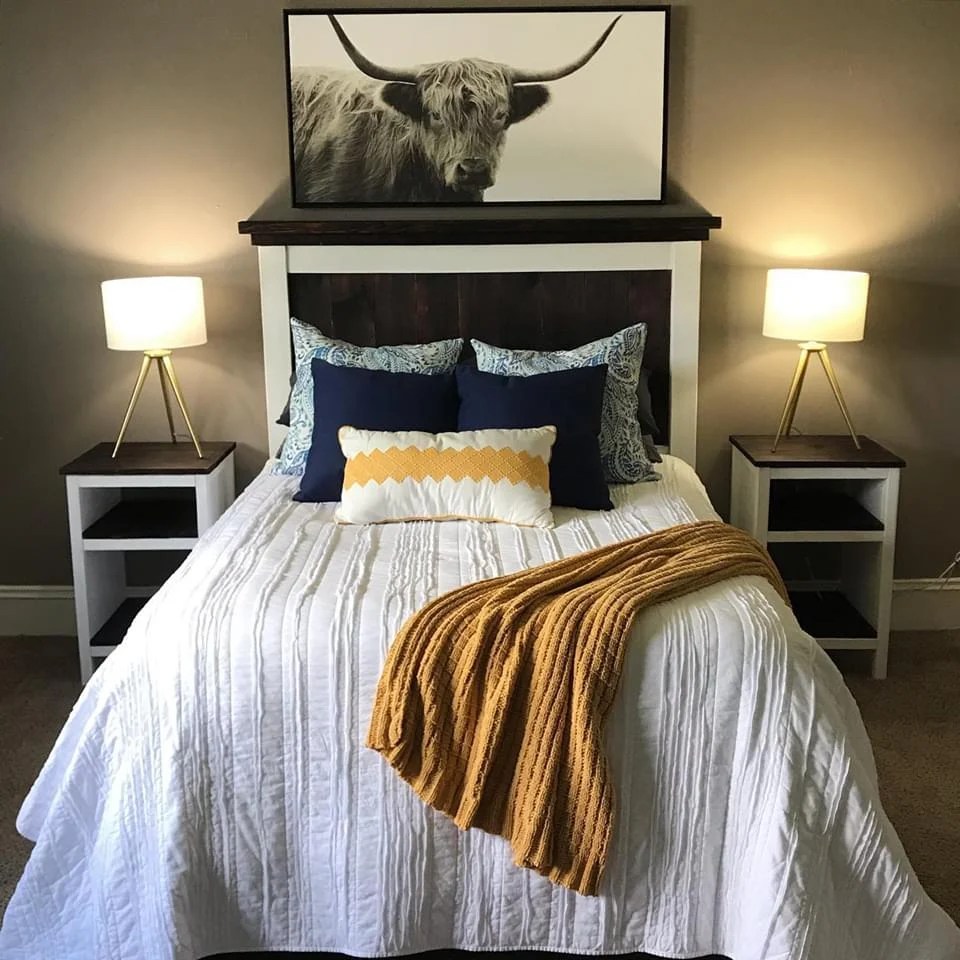 Farmhouse Headboard and Planked Wood Bedside Tables Ana White