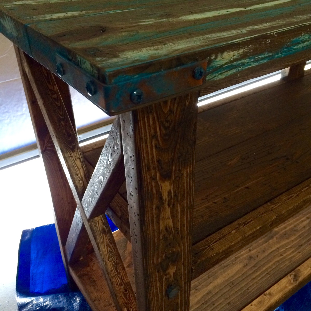 Rustic/distressed console. Paint/stain technique Ana White