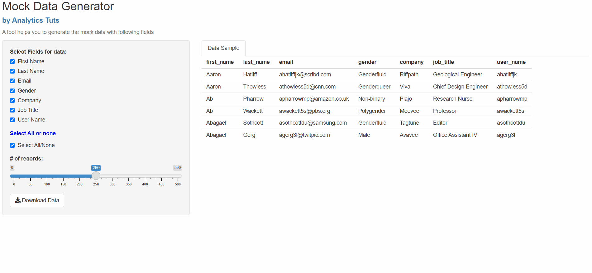 Mock data generator using Rshiny Analytics Tuts
