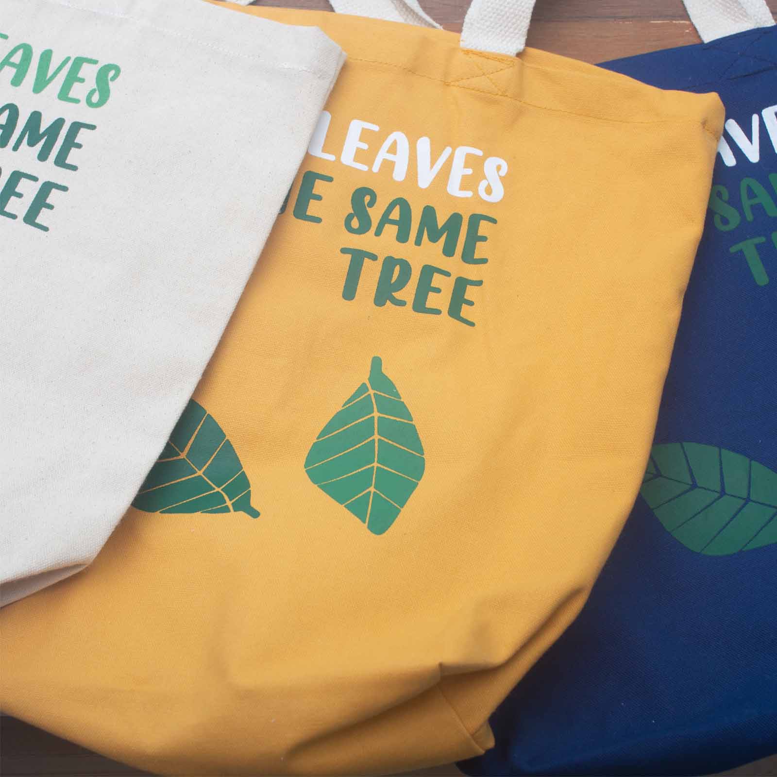 Wholesale Printed Cotton Bag We are Leaves Yellow, Blue and Natural Ancient Wisdom