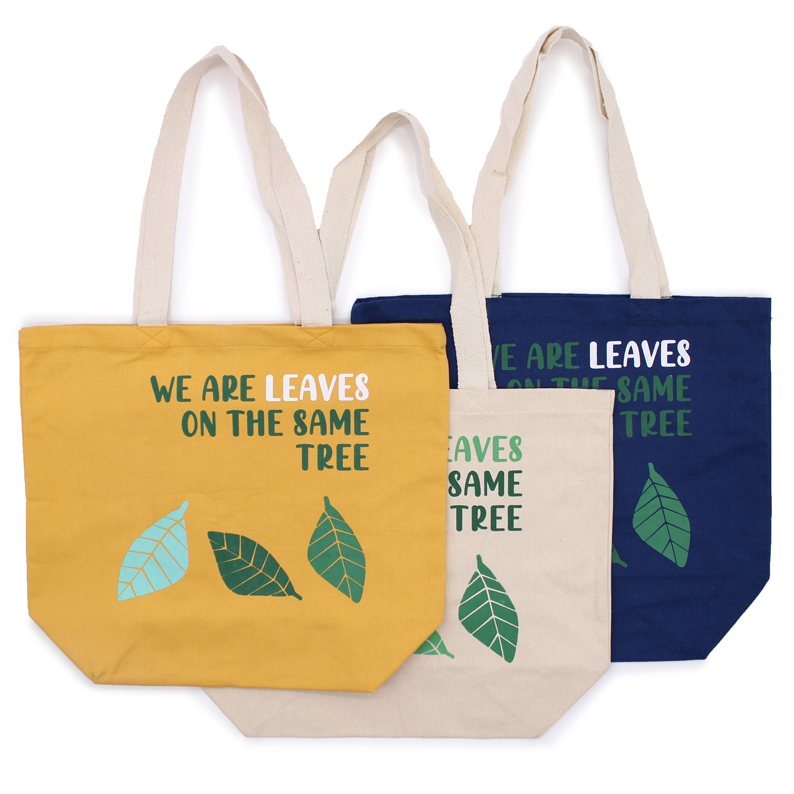 Wholesale Printed Cotton Bag We are Leaves Yellow, Blue and Natural
