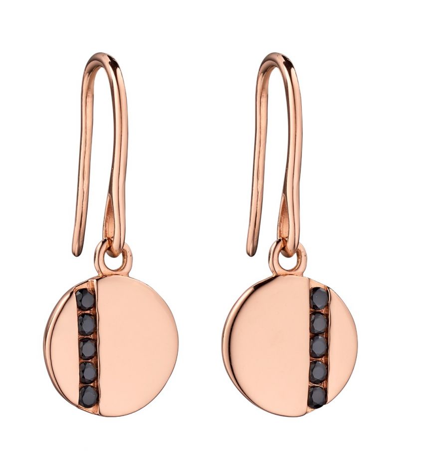 Fiorelli Rose gold plated disc drop earrings with tiny black CZ