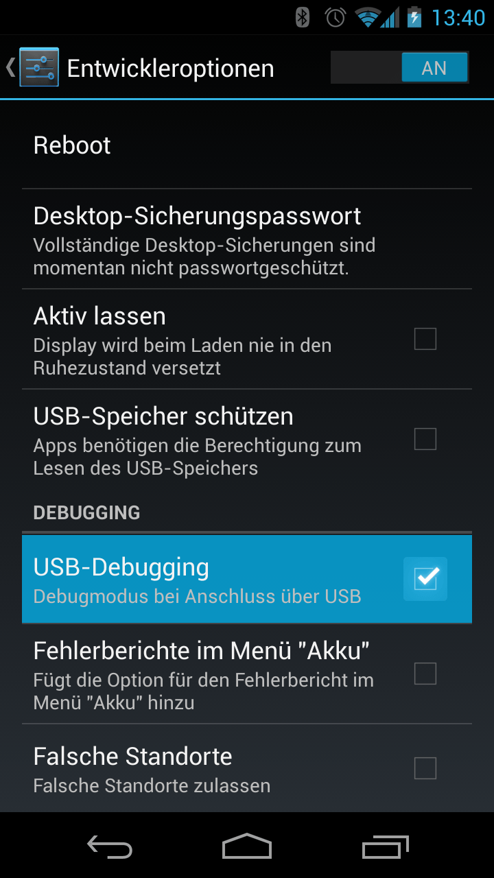 USBDebuggingModus auf AndroidHandys und Tablets