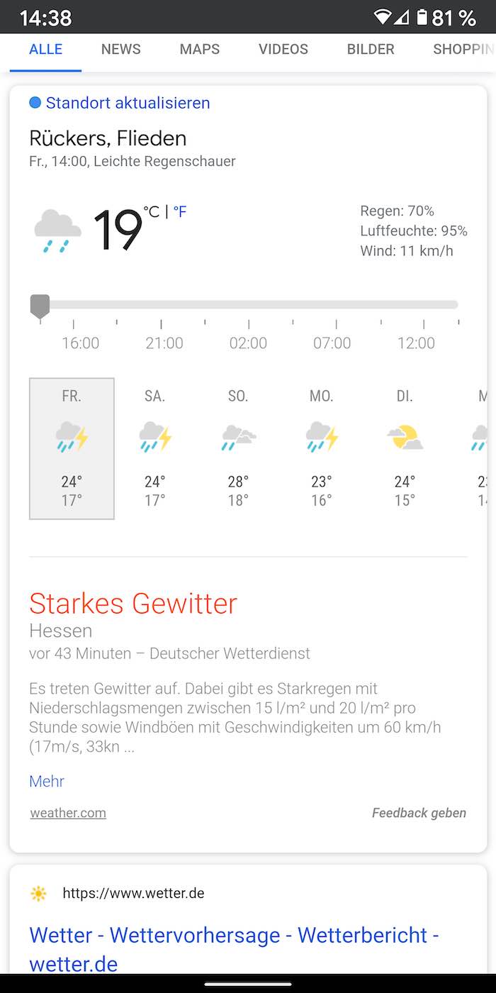Google News Wetterwarnungen, Wetter Widget teils wieder mit Frosch