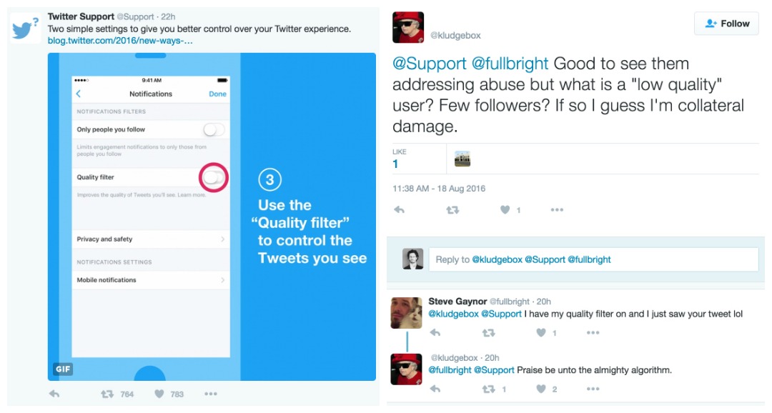 Twitter quality filter concerns