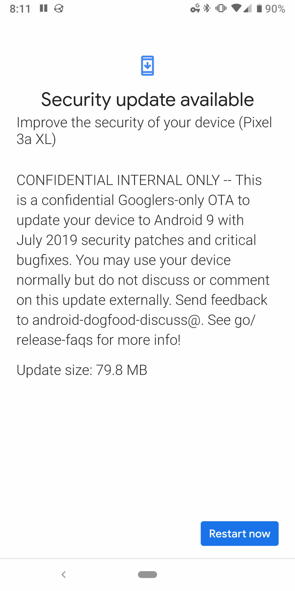 Screenshot of an internal build of the Pixel’s July 2019 security patch