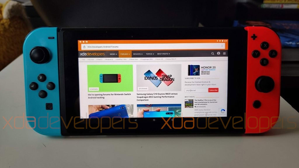 An image of the Nintendo Switch console running an unofficial build of Android.
