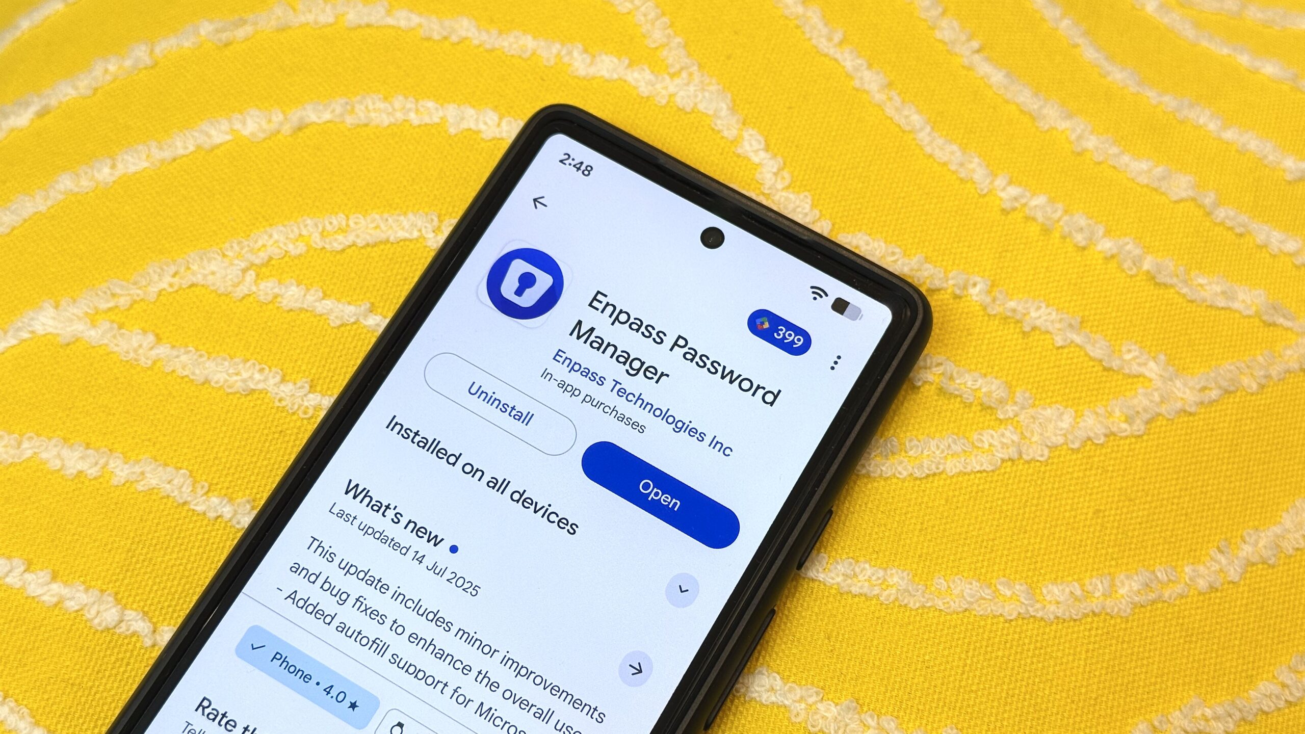Enpass password manager on Play Store Enpass password manager on Play Store on a Pixel against a yellow background