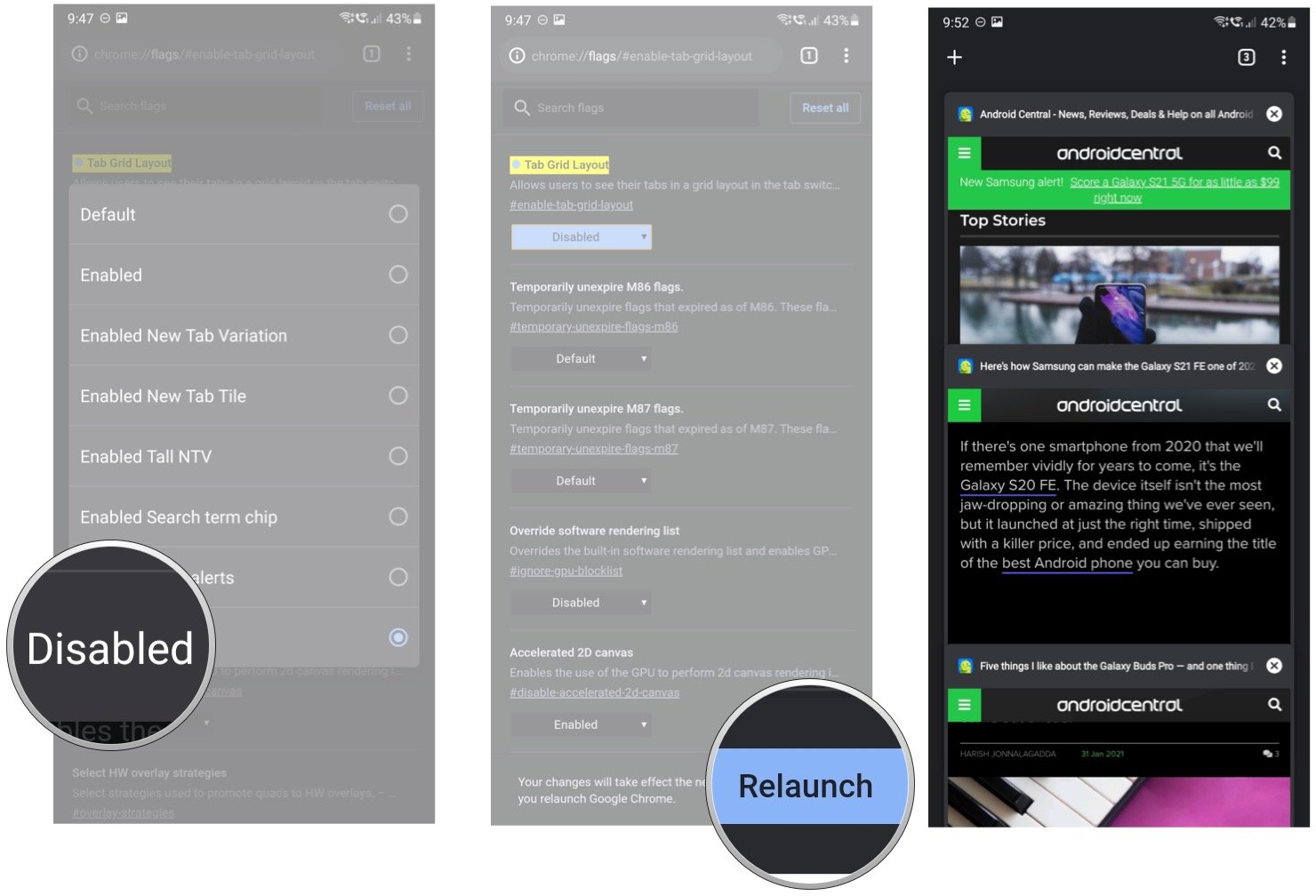 How to turn off tab groups and grid view on Chrome for Android