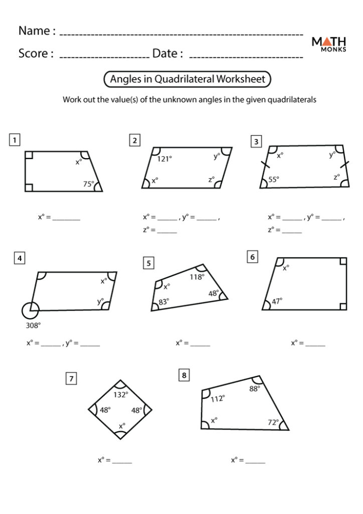 Finding Unknown Angles In Quadrilaterals Worksheet - Angleworksheets.com