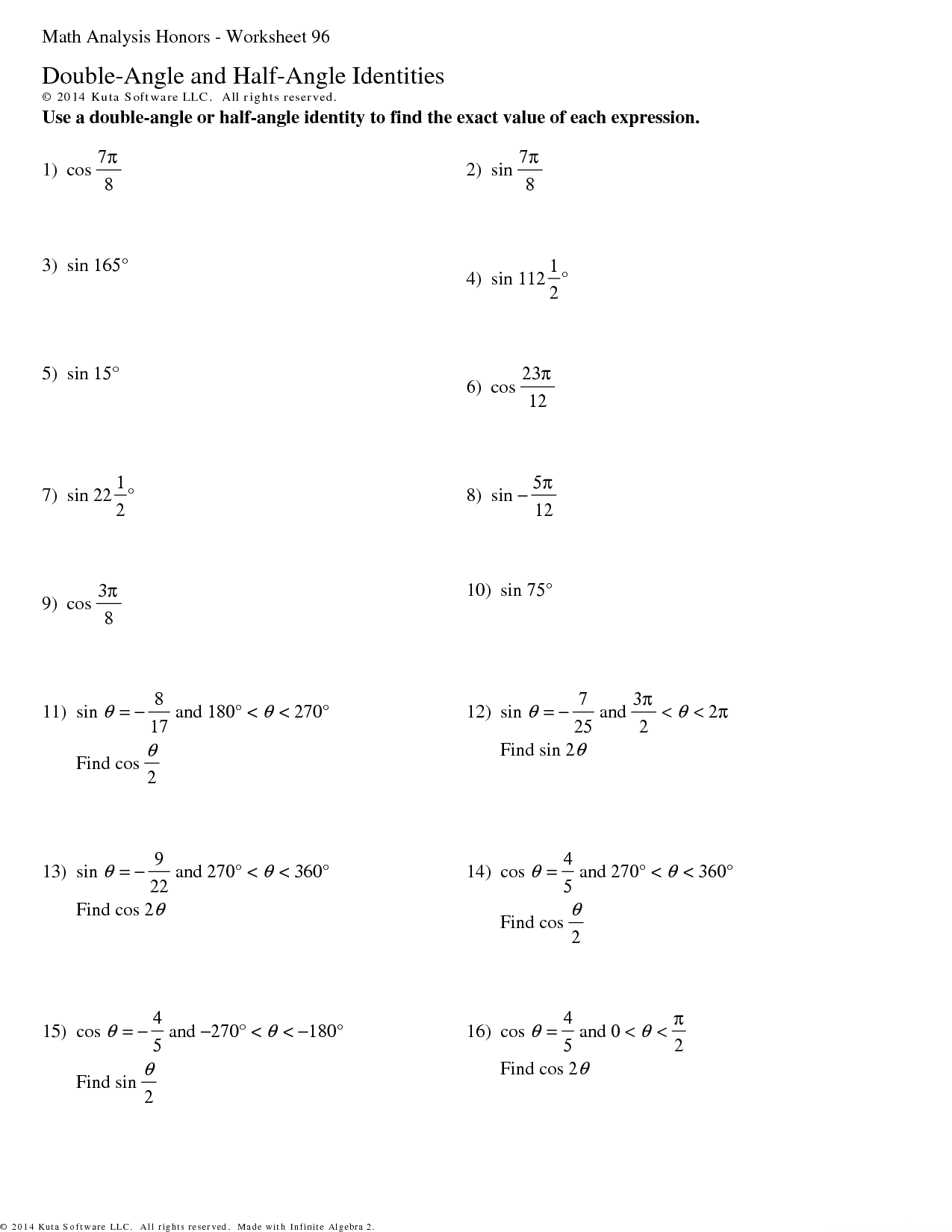 Double And Half Angle Identities Worksheet Answer - Angleworksheets.com