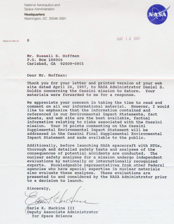 A LETTER FROM NASA dated 5/14/97