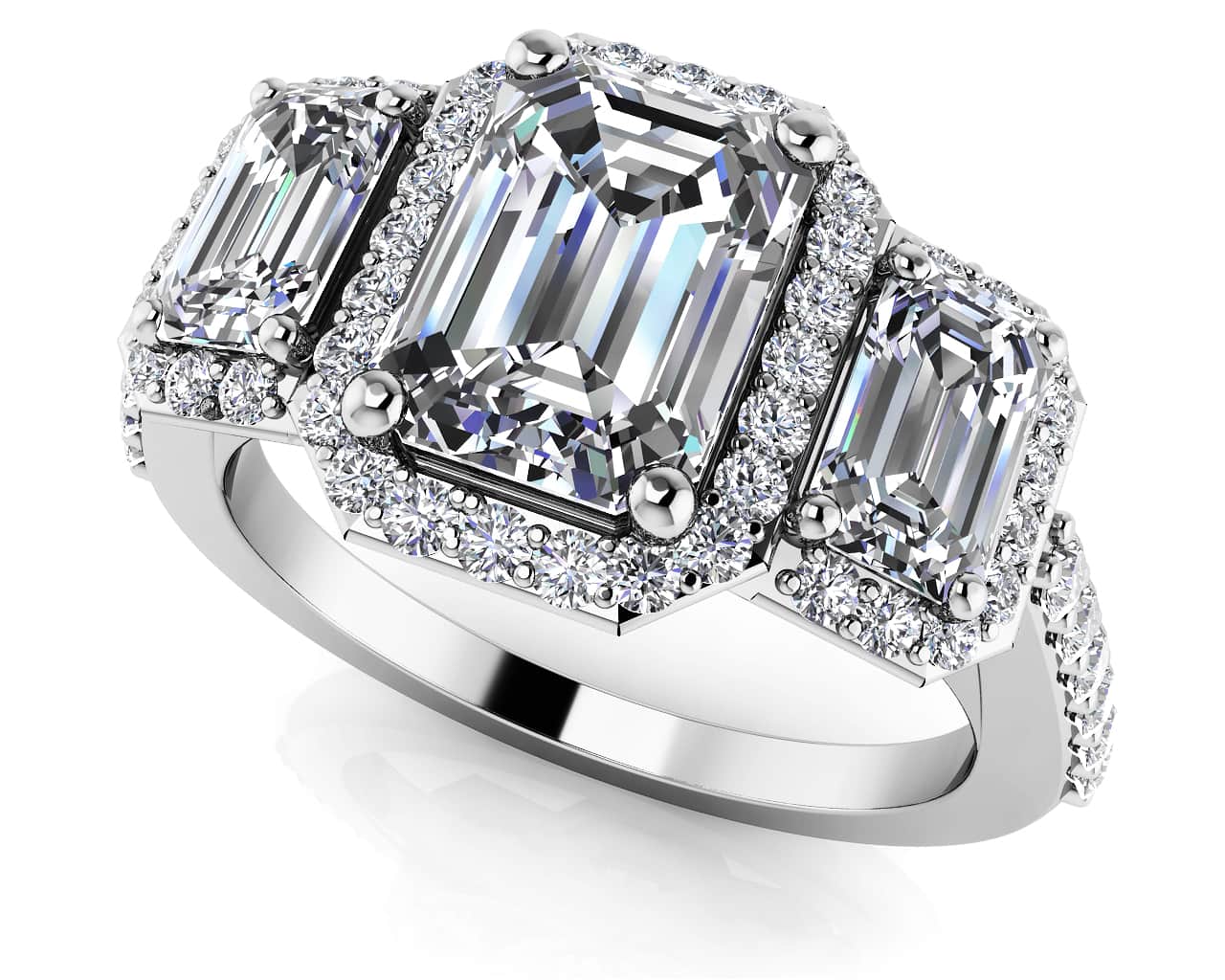 Sparkling Three Stone Emerald Cut Engagement Ring In Platinum Or Gold