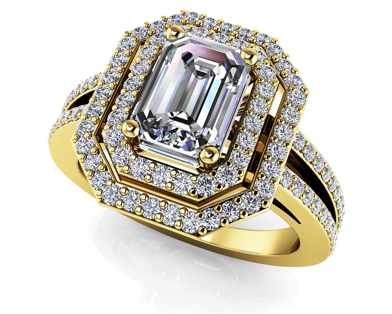 Modern Emerald Cut Double Halo Ring