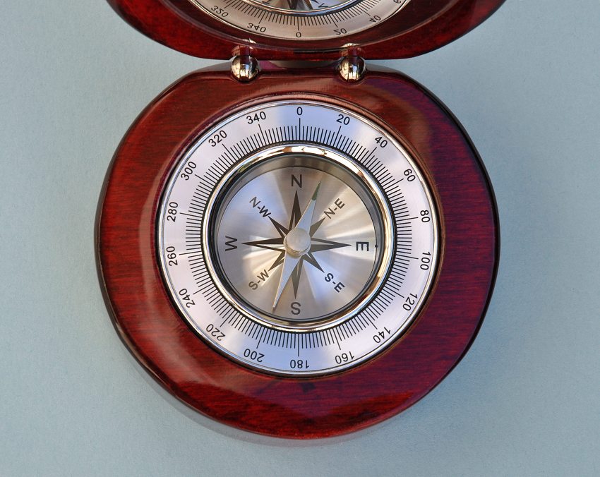 Aluminum Desk Compass in Round Mahogany Case can be Custom Engraved
