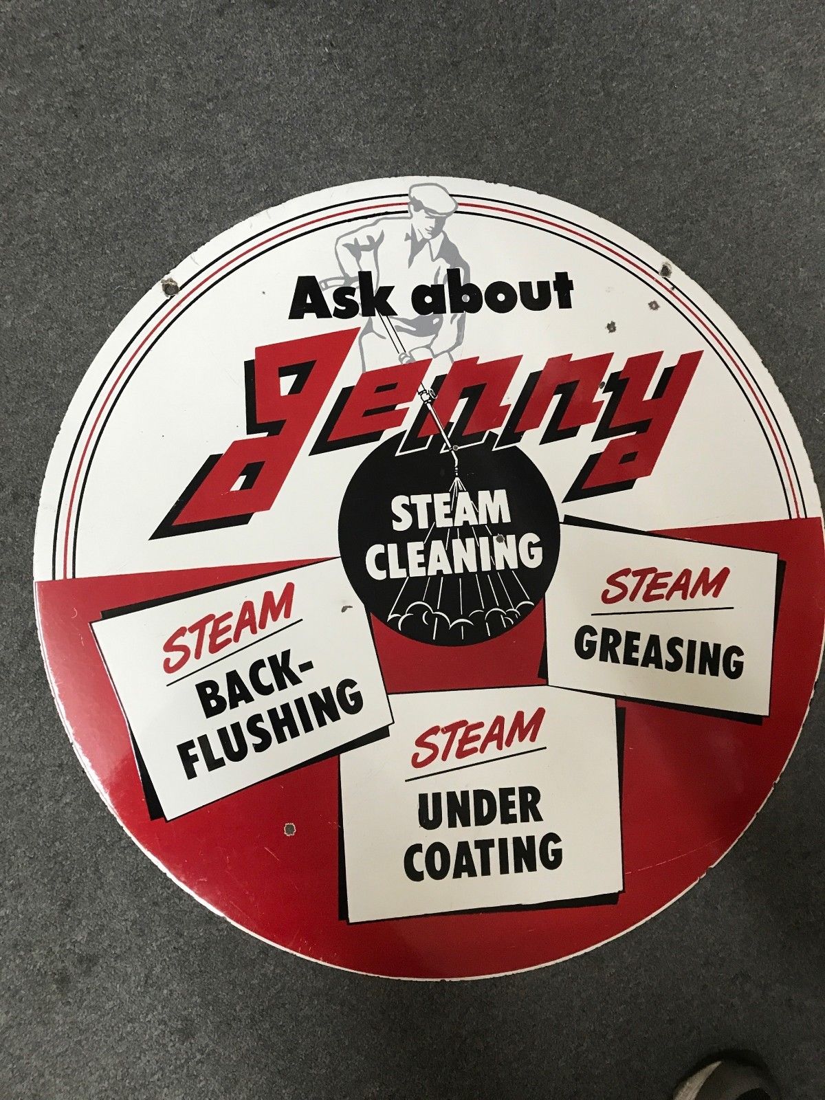 Jenny Steam Cleaning Double Sided Vintage Porcelain Sign Round