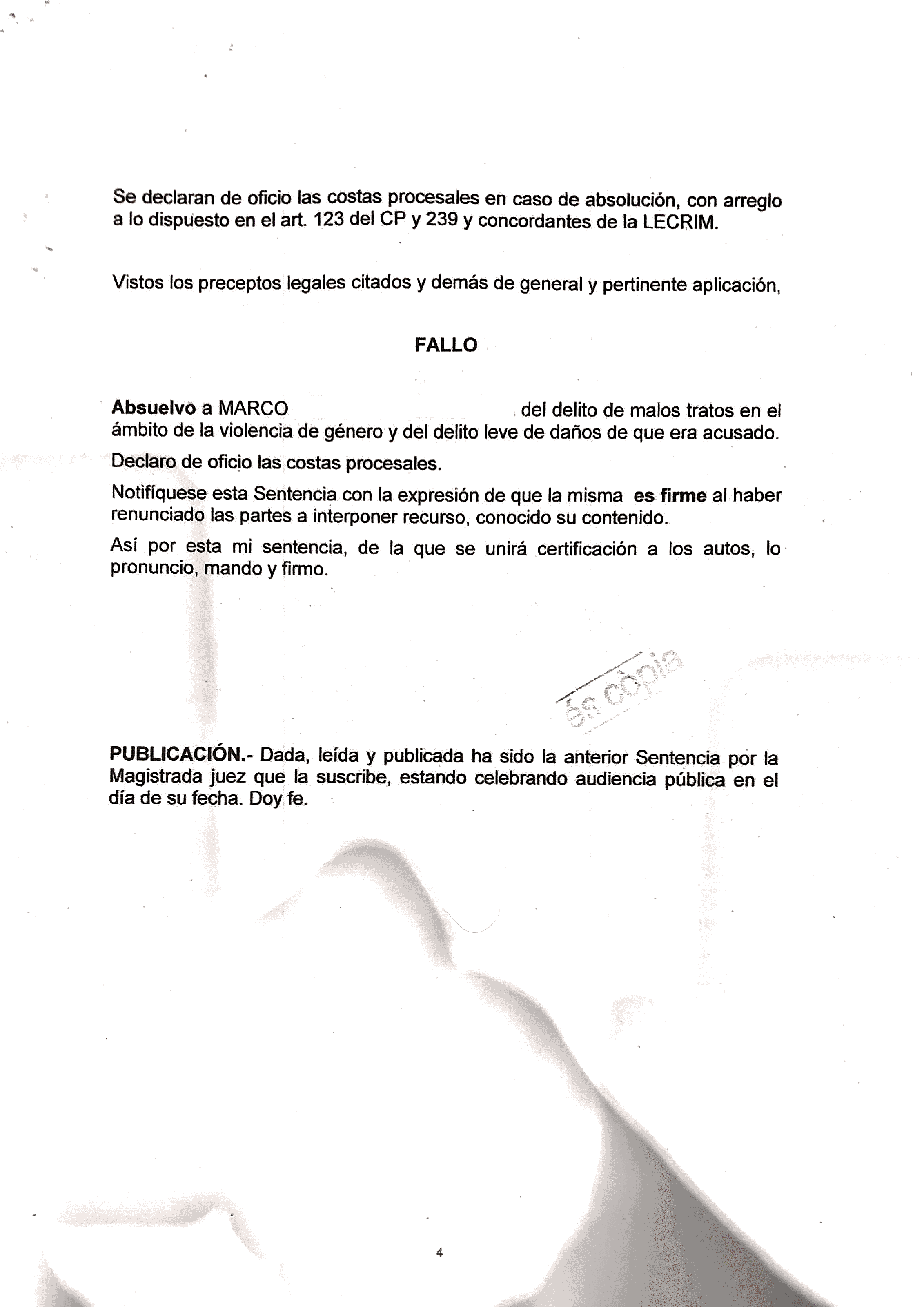 ABSOLUCIÓN EN UN PRESUNTO DELITO DE MALOS TRATOS