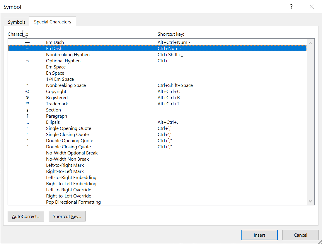 How to insert en dashes in Word