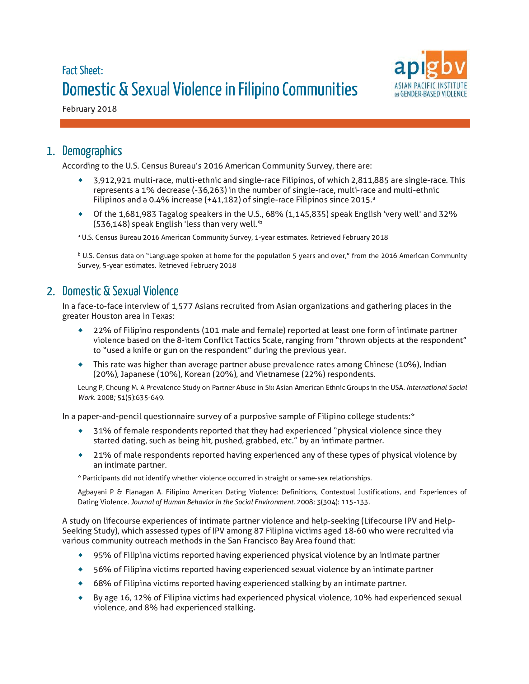 Domestic and Sexual Violence in Filipino Communities, 2018 Asian Pacific Institute on Gender