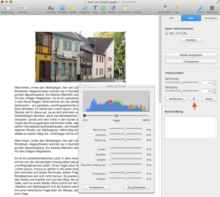 Bilder in Pages von iWork bearbeiten und korrigieren