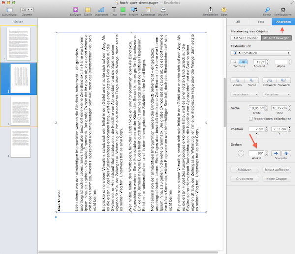 Hochformat und Querformat in einer Pages Datei