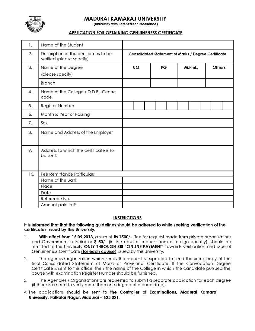 Bharathidasan University Genuineness Certificate Application Form 2023