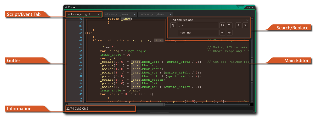 El editor de scripts de Game Maker Studio 2
