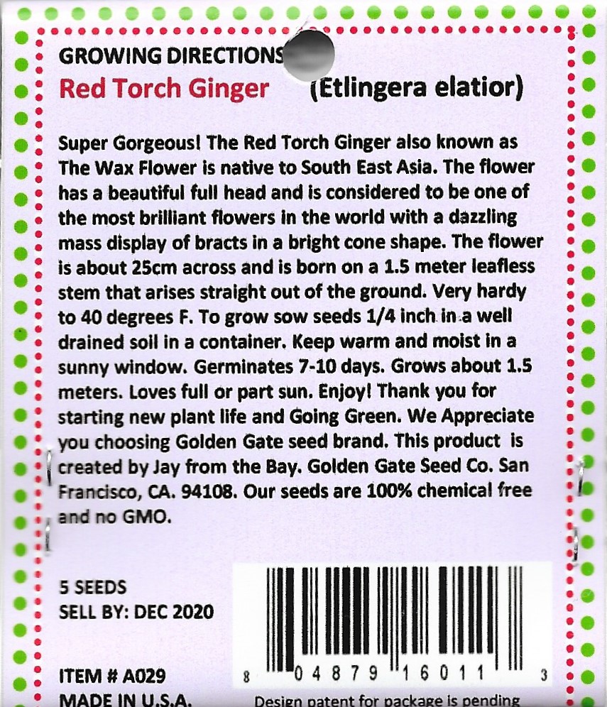 Red Torch GingerGolden Gate Seed Co. Aquaponic Lynx LLC