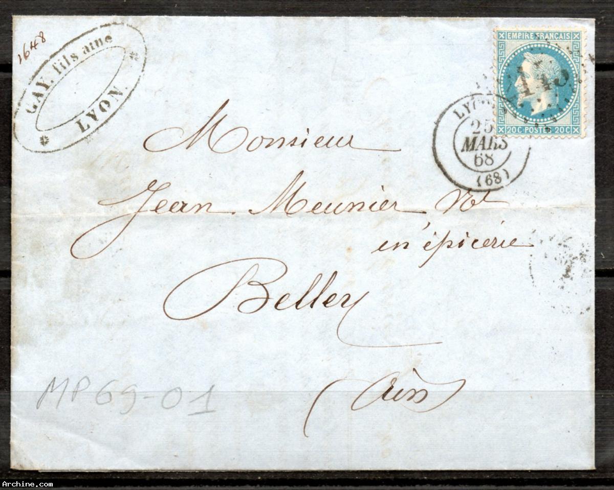 Dept 69 (Rhône) LYON 1868 > Cachet type 15 + GC 2145
