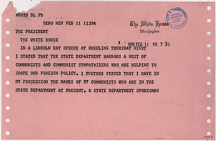 Telegram from Senator Joseph McCarthy to President Harry S. Truman