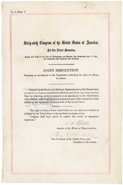 19th Amendment to the U.S. Constitution Women's Right to Vote