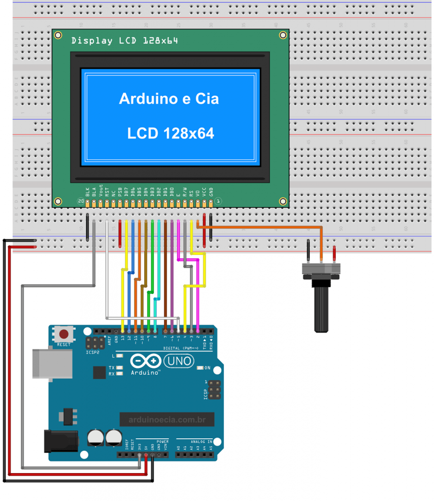 Display gráfico LCD 128x64 ST7920 em modo 8 bits (paralelo) Arduino e Cia