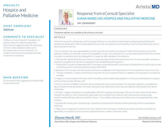 PCP to Doctor Consultation Hospice and Palliative Medicine