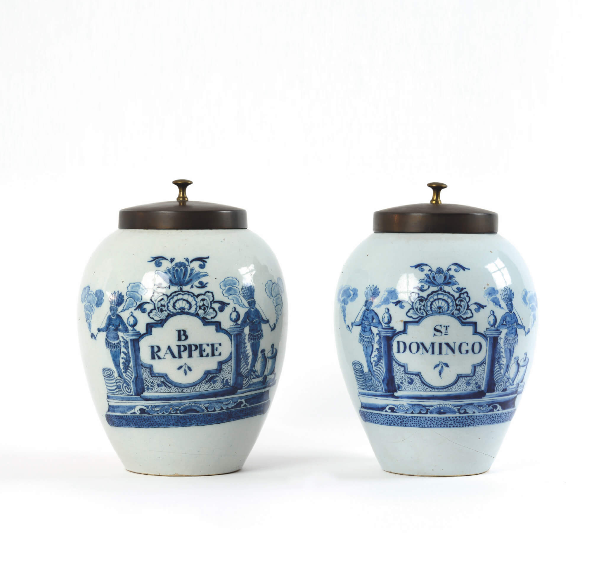 •D2058. Pair of Blue and White Tobacco Jars with Brass Covers Aronson