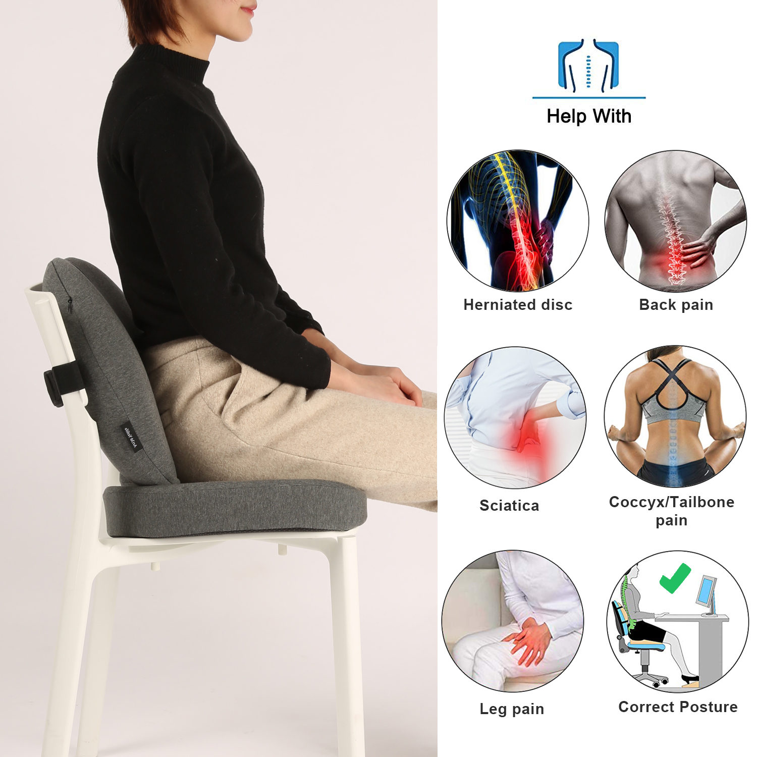 Premium Memory Foam Lumbar Support Pillow and Seat Cushion Coccyx