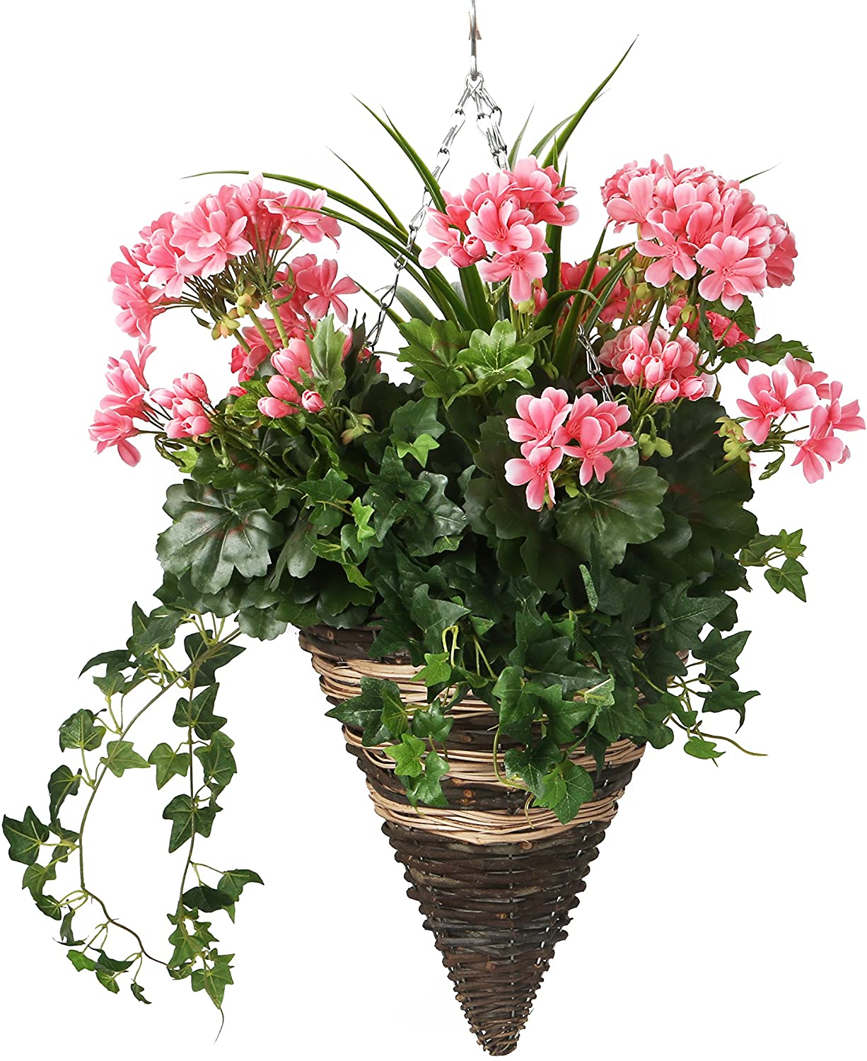Artificial hanging basket cone with Geranium blooms The