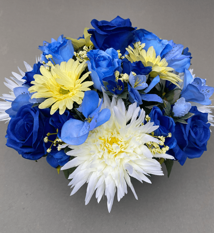 Pot for memorial vase with artificial blue roses and white