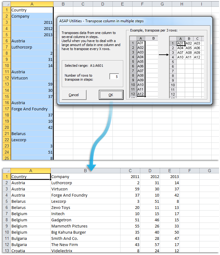ASAP Utilities for Excel Blog » Tip Easily transpose 1 column into