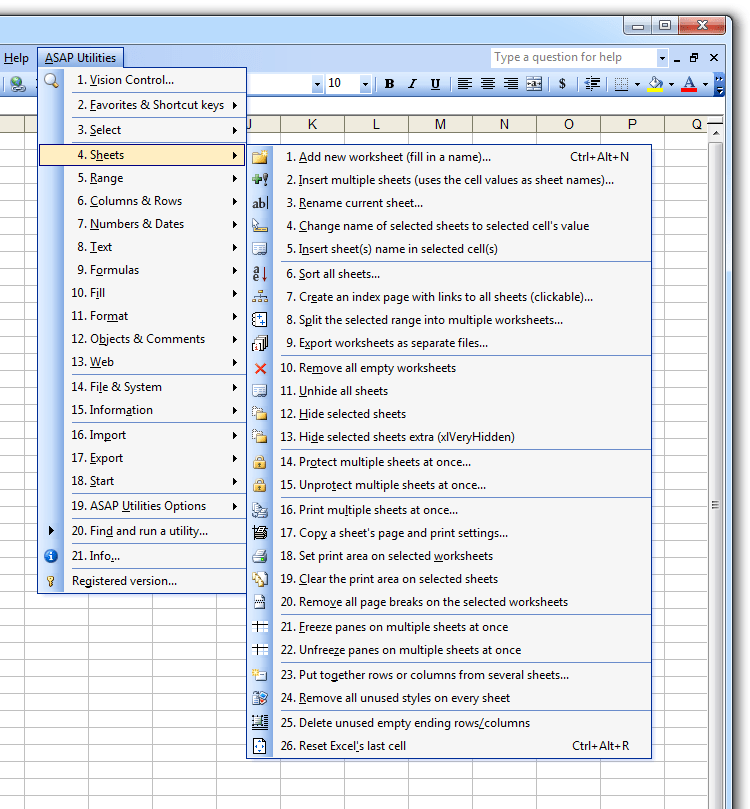 ASAP Utilities for Excel “Sheets” utilities ASAP Utilities