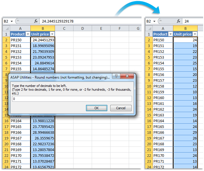 ASAP Utilities for Excel Numbers & Dates » Round numbers (not