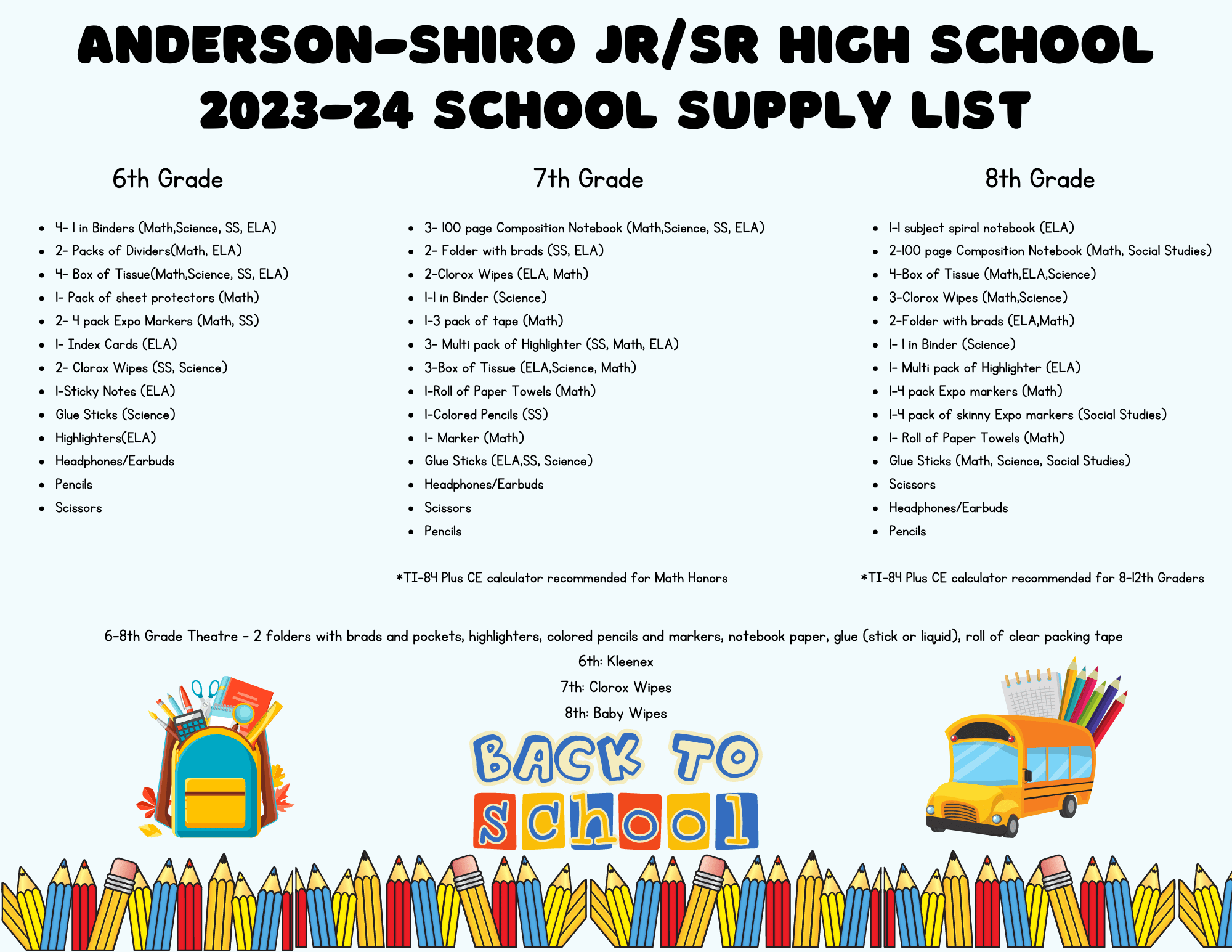 2324 School Supply List Jr/Sr High School AndersonShiro