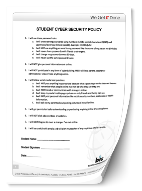 Cyber Security Policy for Students Mobile, Pensacola, Robertsdale